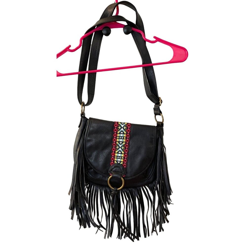 Arizona Jean Co Black Faux Leather Crossbody Bag Fringe / Boho Embroidered M Siz - Picture 1 of 11